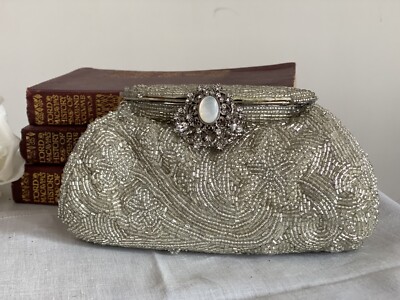 Tod Anthony Silver Beaded Clutch Evening Handbag Wrist Handle Jeweled Clasp