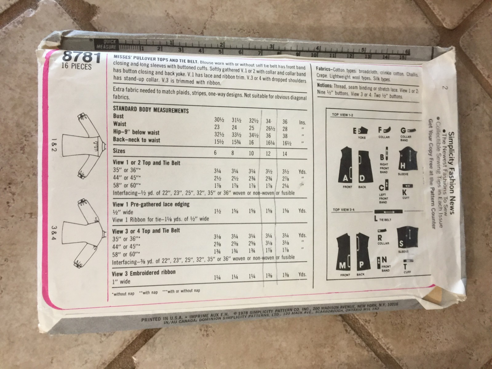 Vintage Simplicity Women's Pattern #8781 Pull Over Tops and Tie Belt Size 12