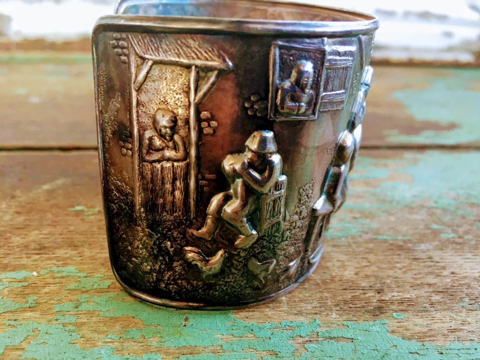 Vintage  Signed JKS DENMARK Silver Plate Storyteller Repousse CUFF BRACELET