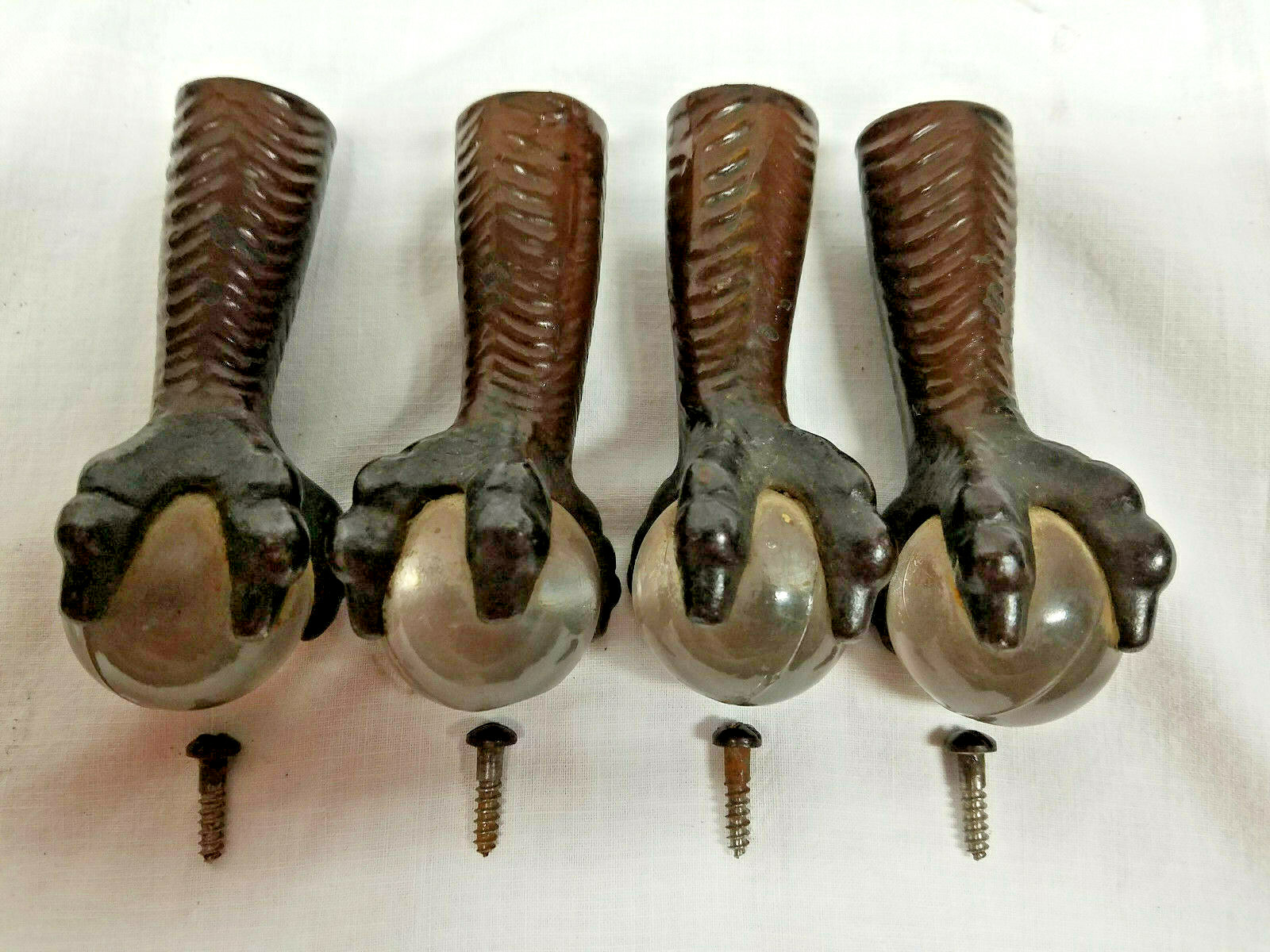 Glass Ball & Cast Iron Claw Feet Victorian Era Furniture Piano Stool Lot of Four