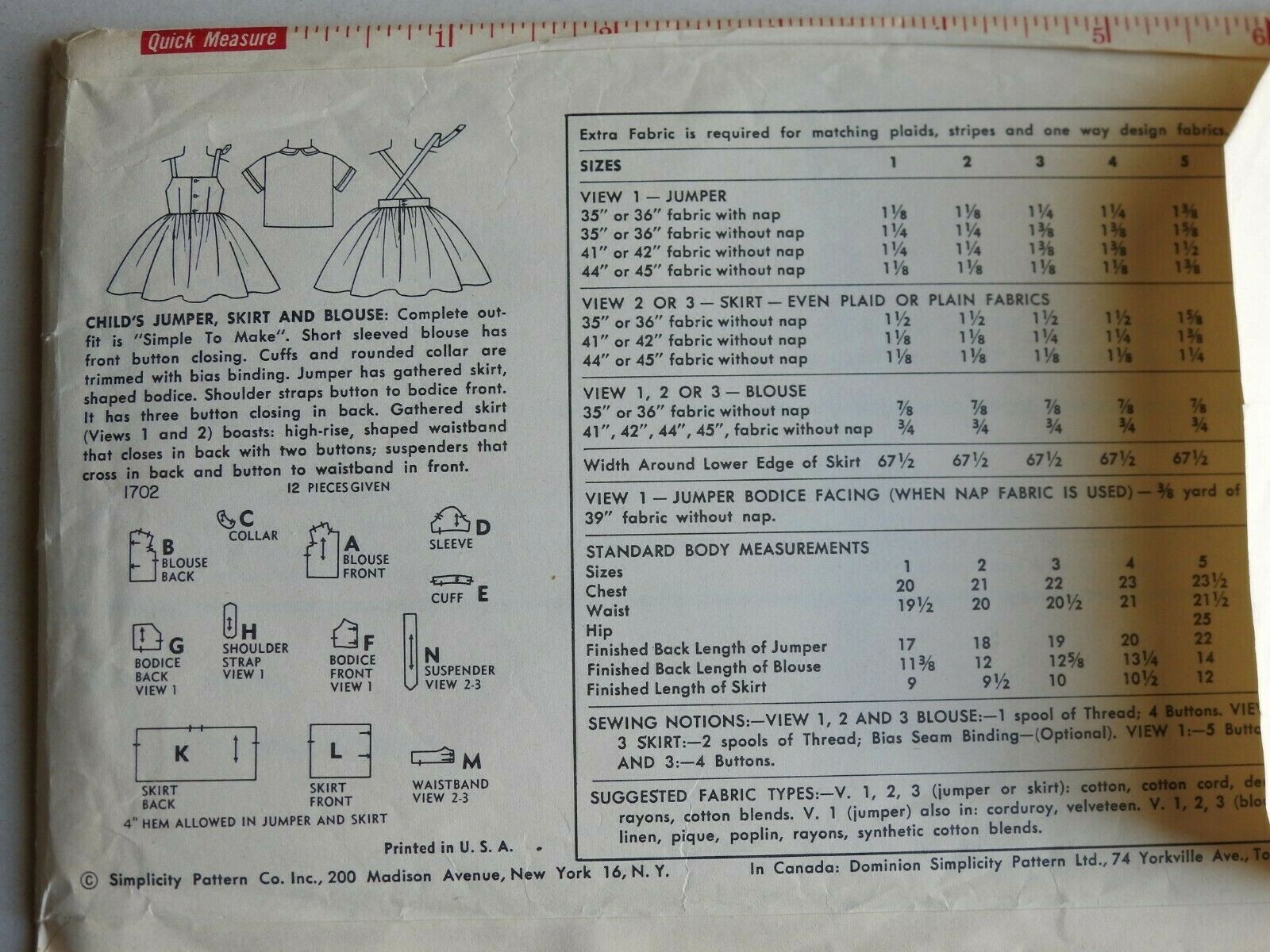 Vtg. Simplicity Sewing Pattern 1702 ~ Child's Jumper, Skirt and Blouse Size 4