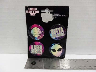 Set of Four New on Card 1.25'' Alien, Outta This World Phrases Buttons
