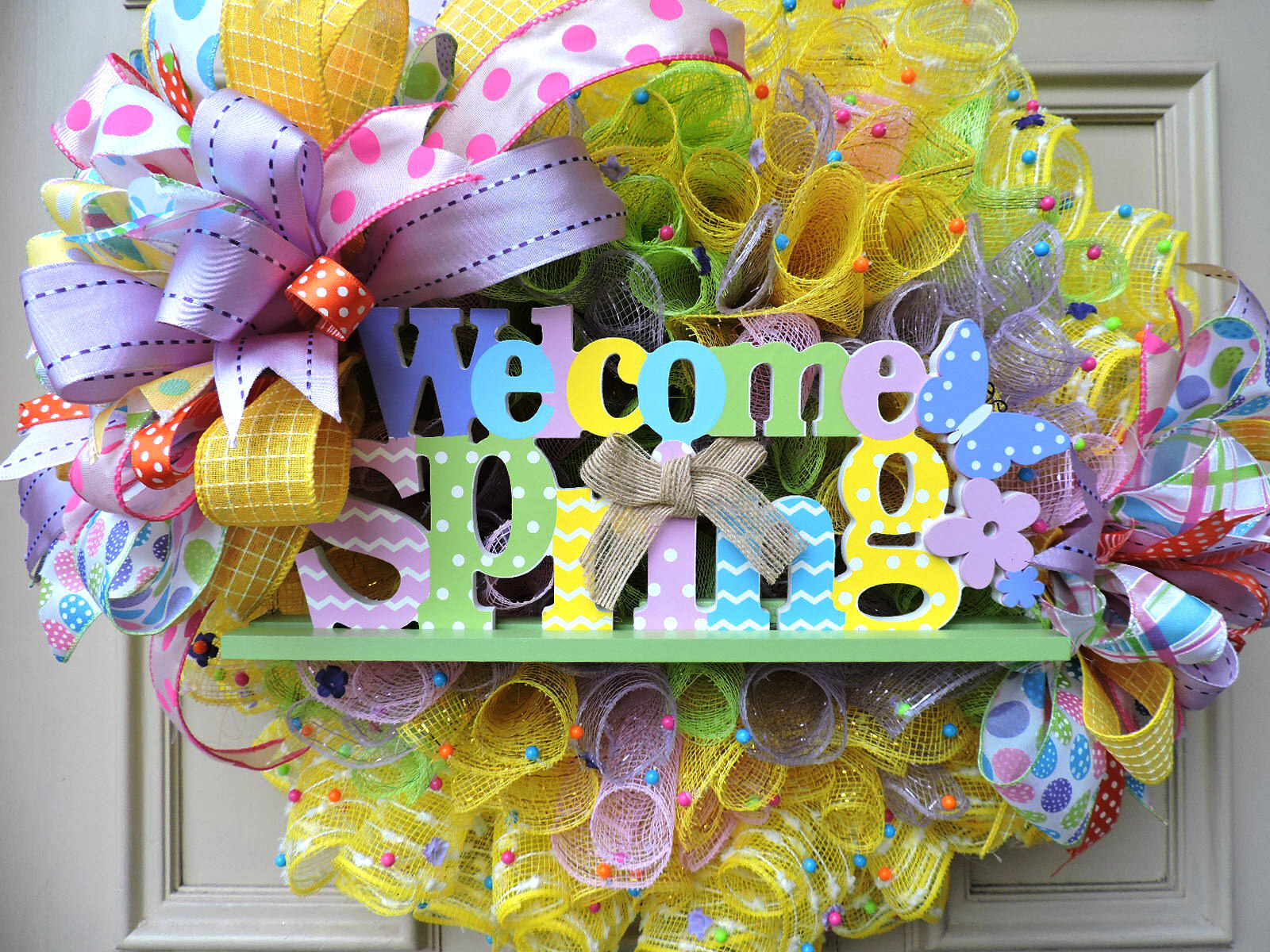 Welcome Spring Mesh Wreath, Easter Front Door Wreath with Sign, Easter Decor