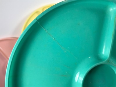 Lot (x6) Vintage 60's Pastel Pink Yellow Green Melamine Plastic Plates cafeteria