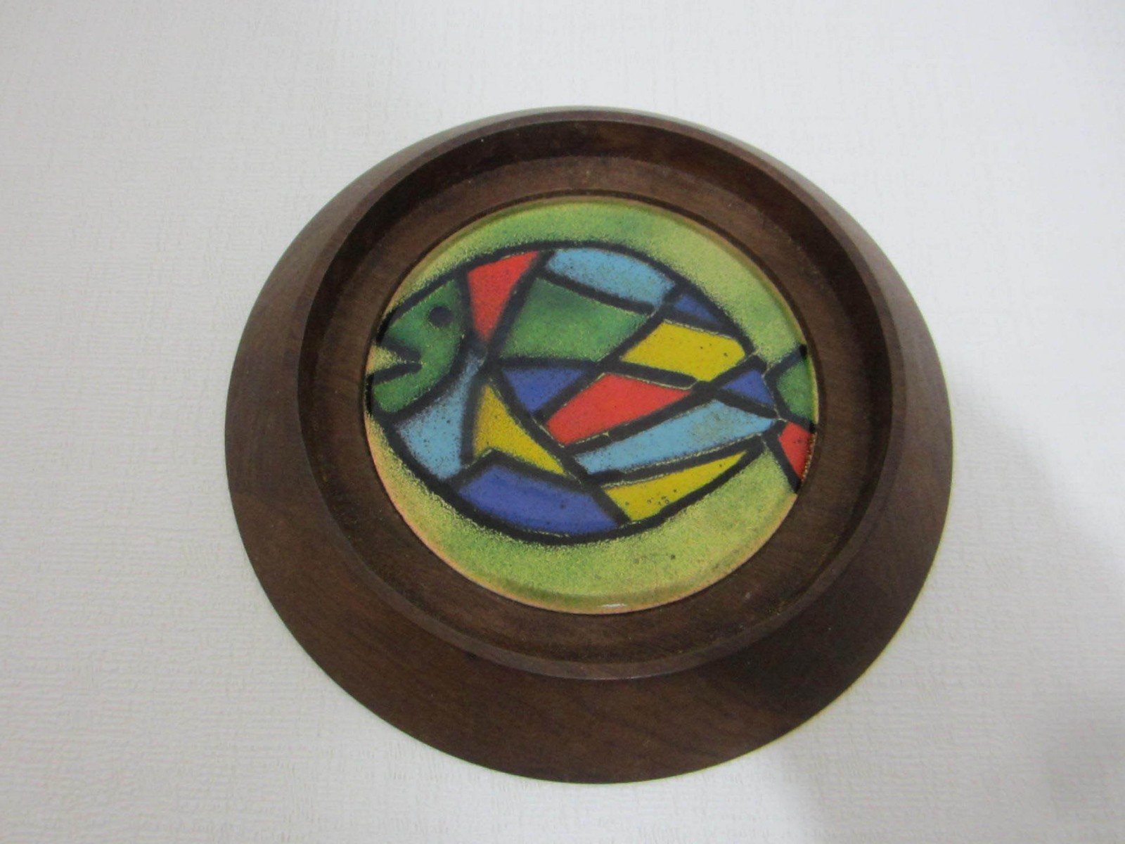 ERNEST SOHN Enamel Fish Dish Walnut Wood Mid Century Modern Abstract Design