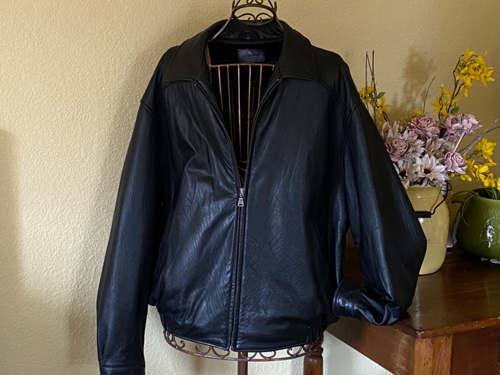 Hathaway Black Leather Bomber Jacket XXL | eBay