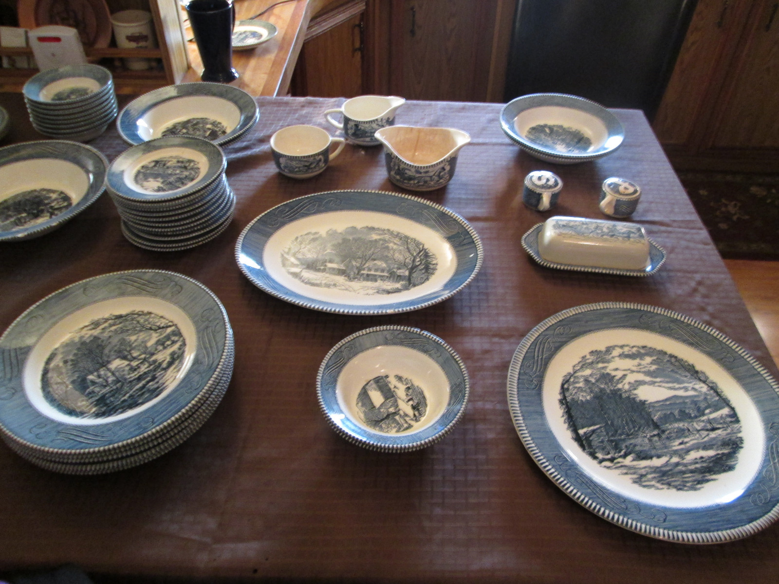Vintage Currier & Ives Blue White Royal China Dishes The Old Grist Mill 50 pieac