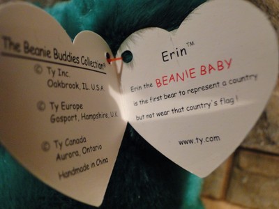 TY ERIN THE BEAR BEANIE BUDDY NEW WITH TAGS, REPRESENTING IRELAND W/ SHAMROCK