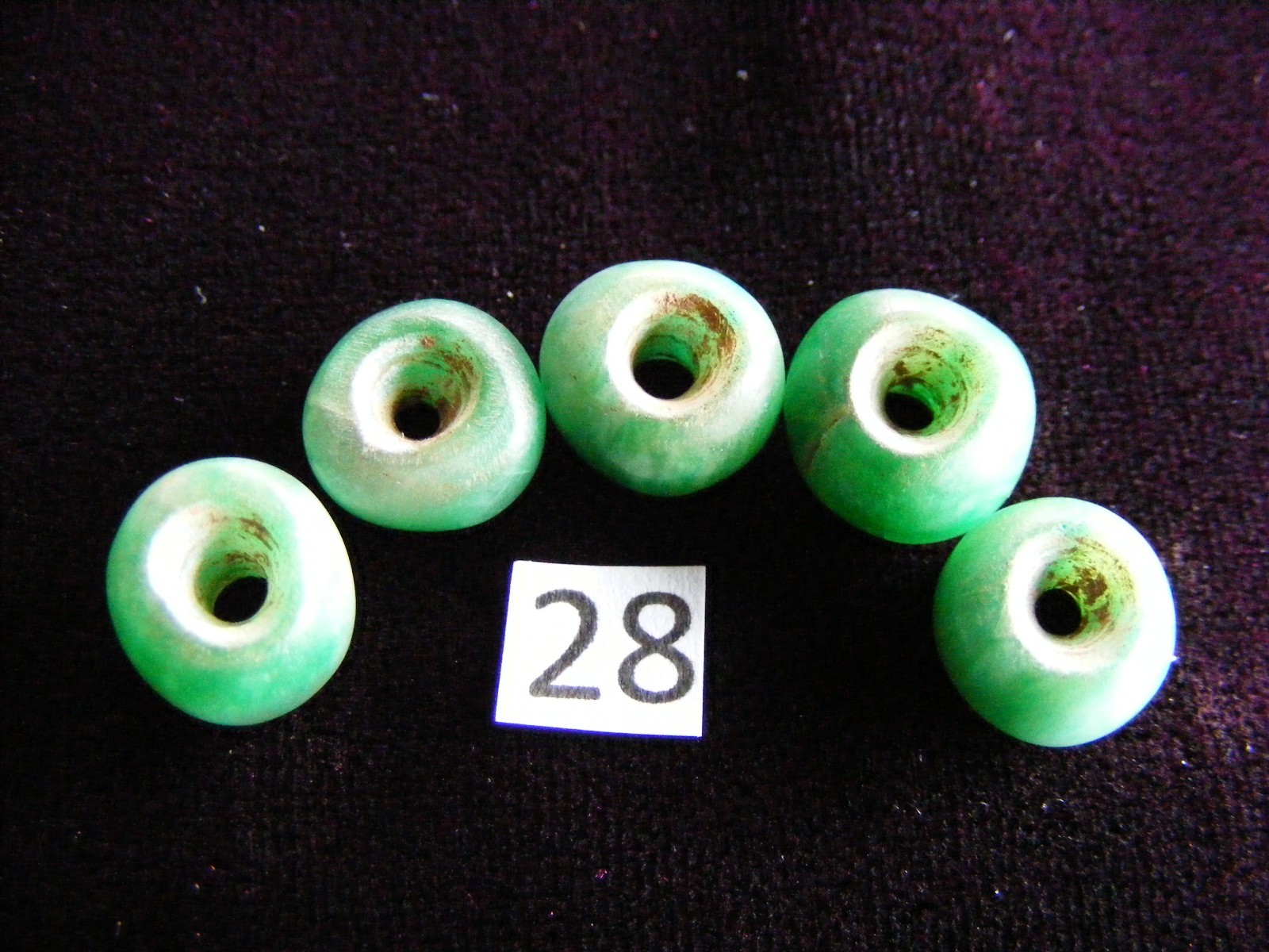 5 Pre Columbian Natural Green Jade Mayan Hand Carved Round Beads(B28)
