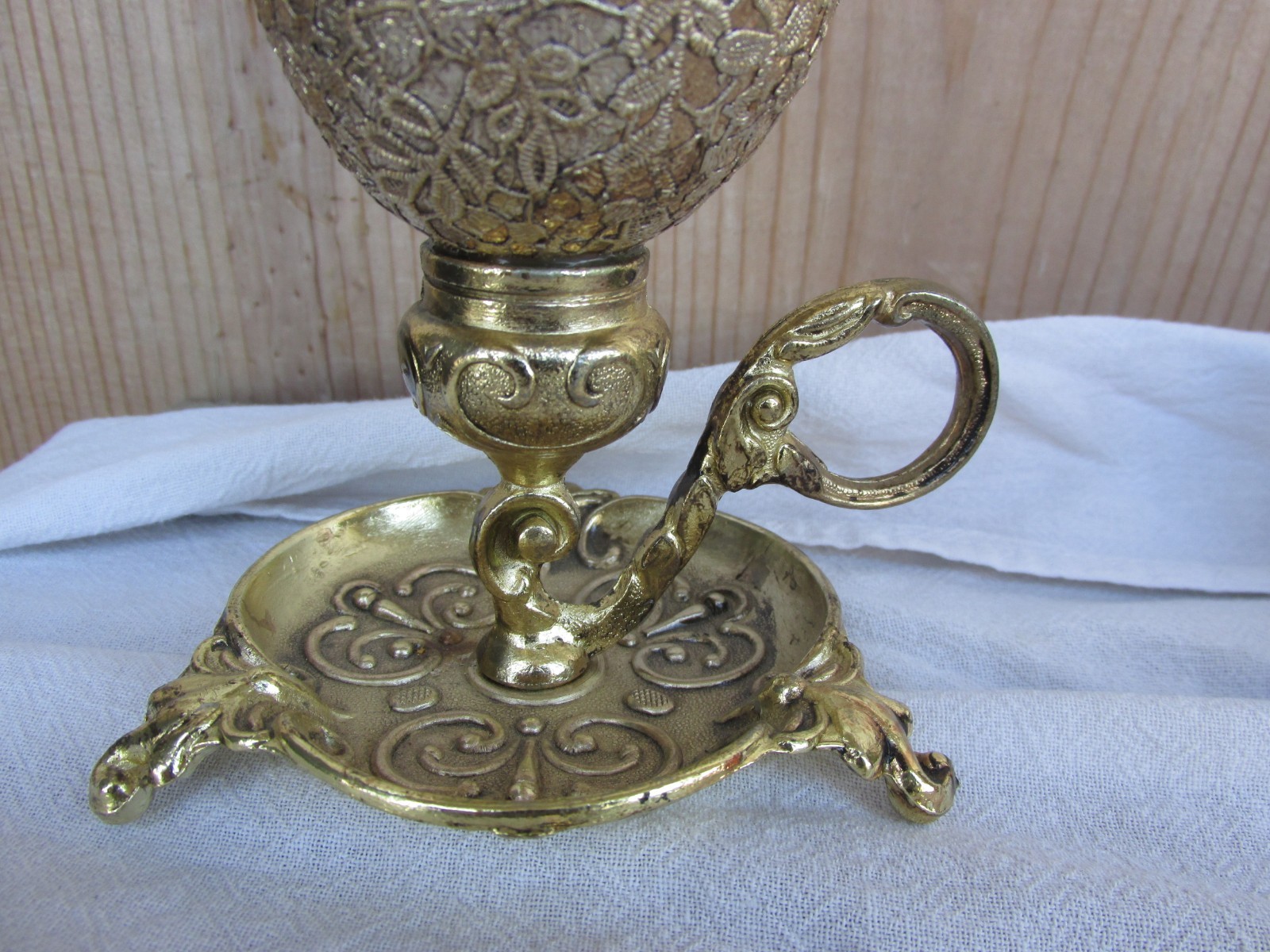 Gold Tone Jewels? Decorative Signed Real Egg Lacy w/ Metal stand 3 leg, finger