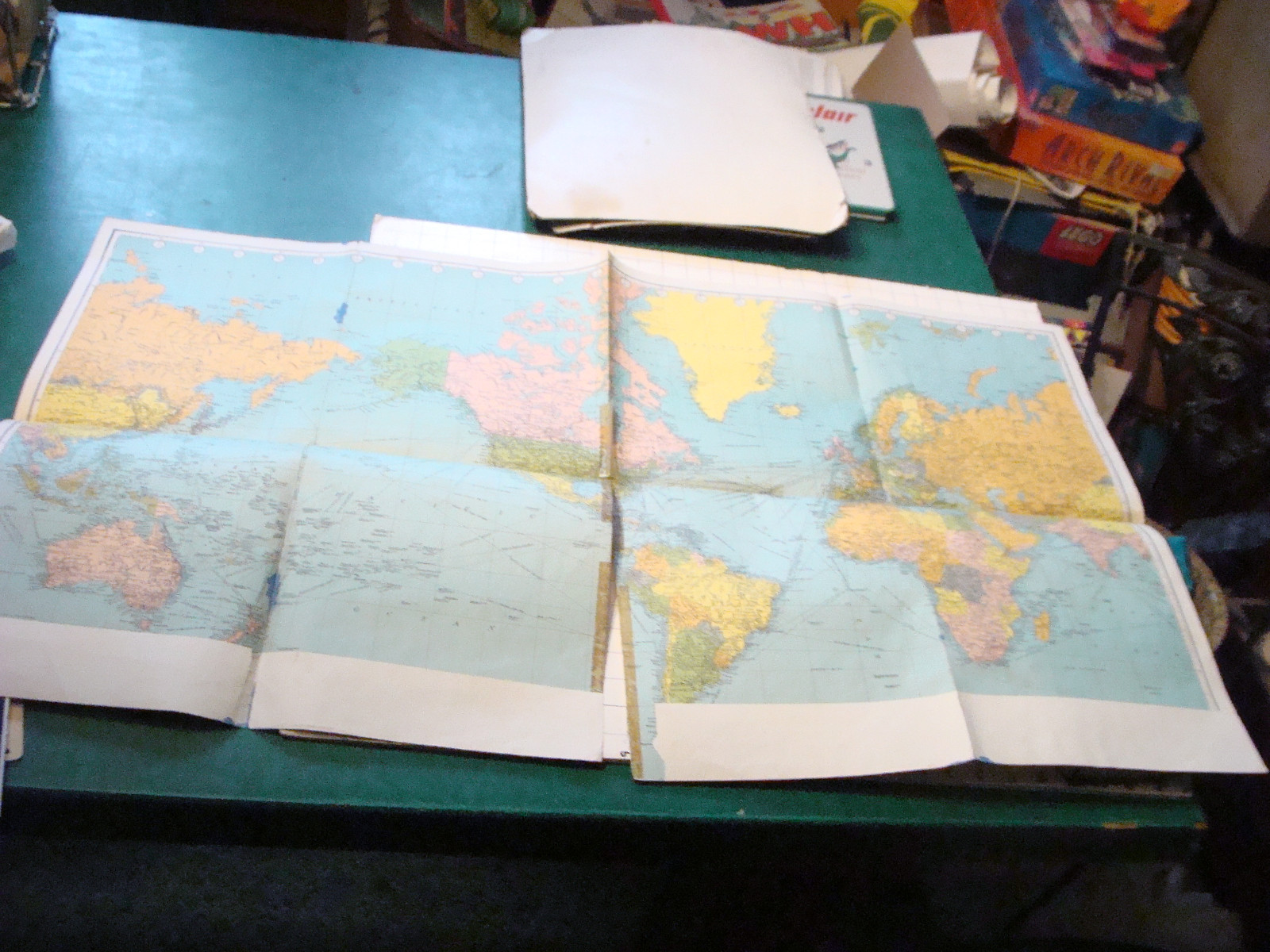 CHECK It Out--GIANT WAR MAP of the WORLD torn, stained, as found, vintage