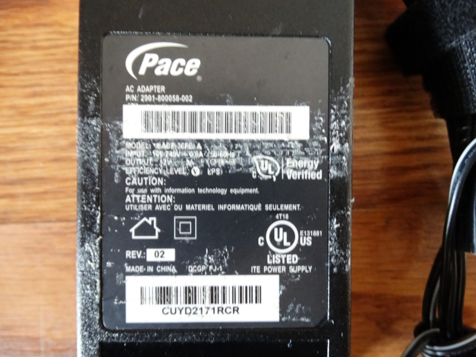 PACE 2wire EADP-36FB 12V 3A AC Power Adapter 5031NV 3600HGV 3800HGV-B 3801HGV