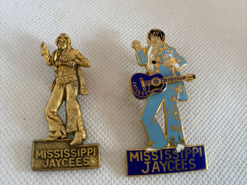 Vintage Miss. Jaycees Elvis with Removable Guitar & Pewter Elvis Label Pins (2)