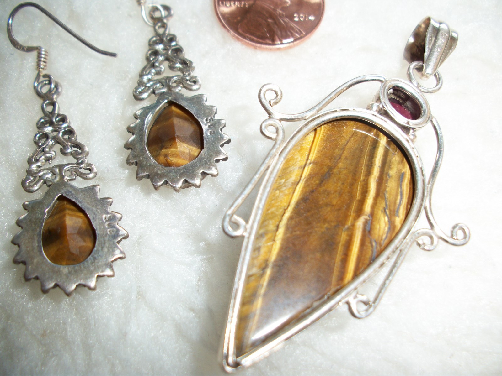 Tigers Eye Pendant Pierced Earrings Set Faceted Amethyst Gem Sterling Silver New
