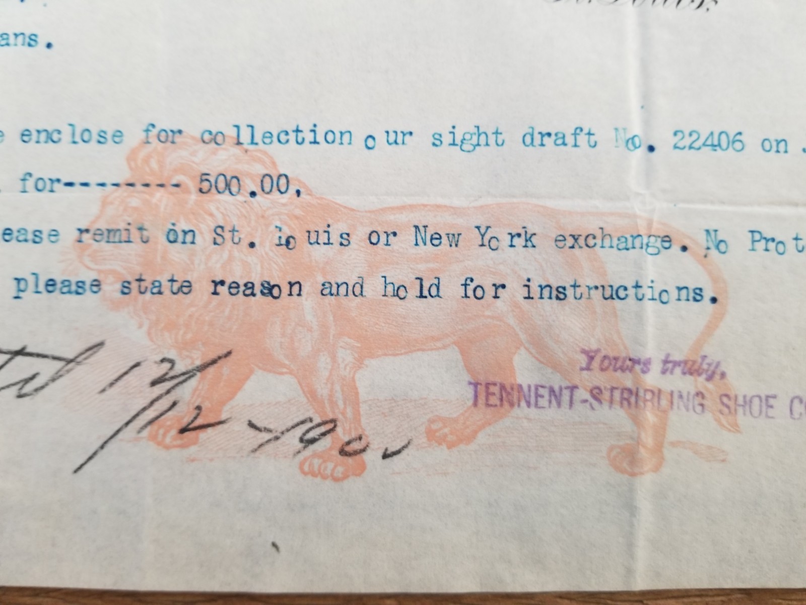 1900 Advertising Billhead Tennent-Stribling Shoe Co St. Louis Lion Illustration