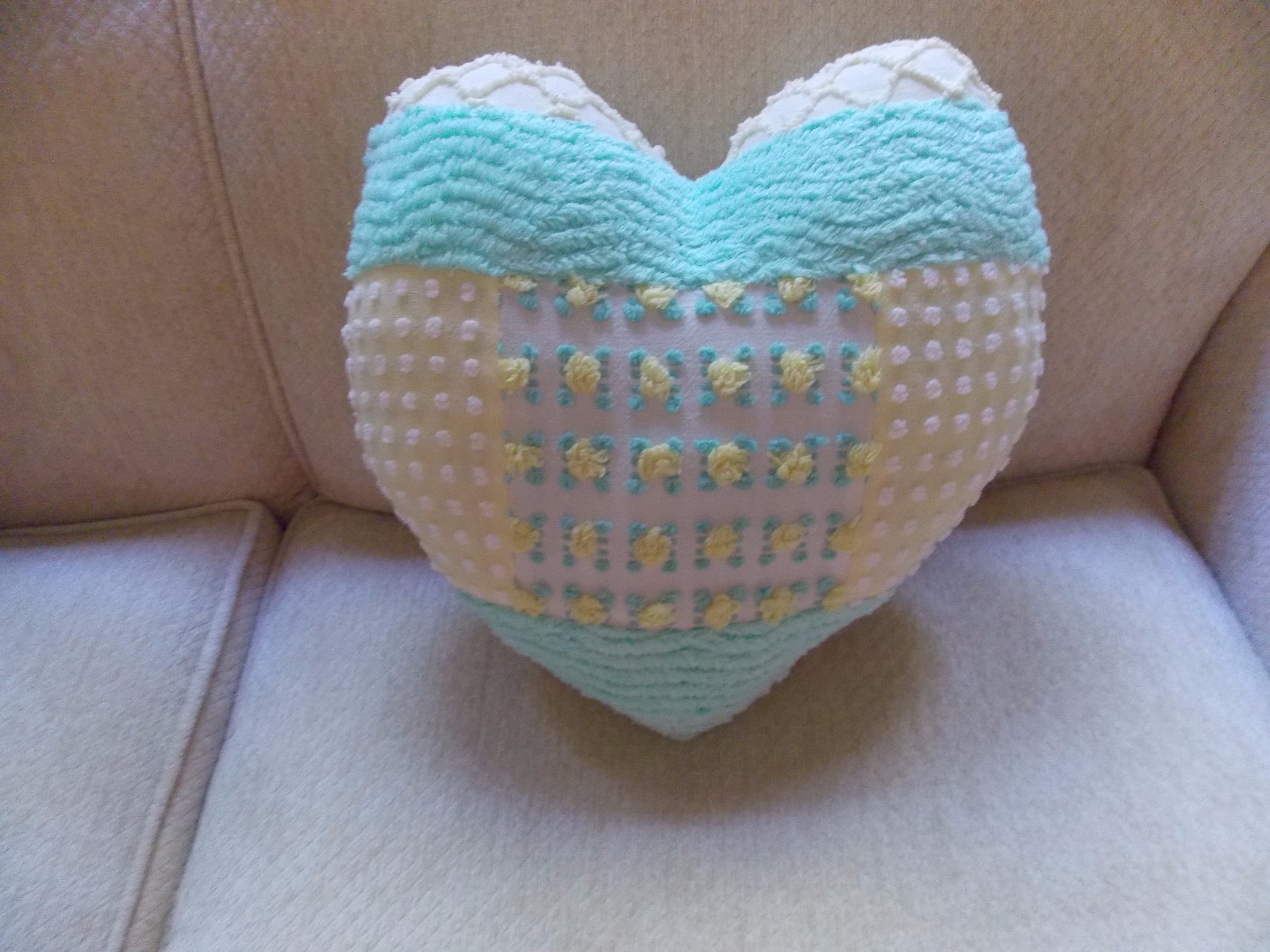 Sweet Handmade Heart  Pillow From Vintage Rosebud Chenille 15 x 15