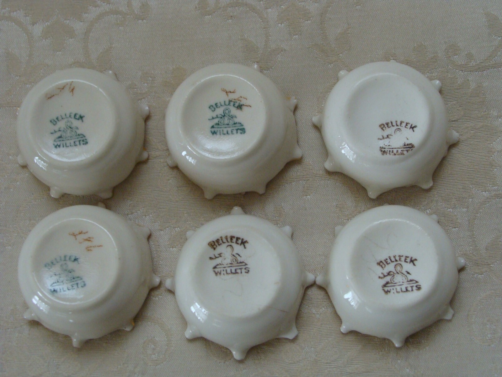 6 Willets BELLEEK Porcelain Open Salt Dip, Cellar, Dish w/Ruffled Gold Trim Rim
