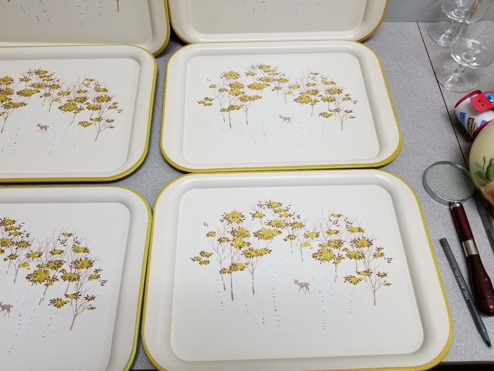 6 Vintage Metal Lap TV Trays with Trees & Deer+