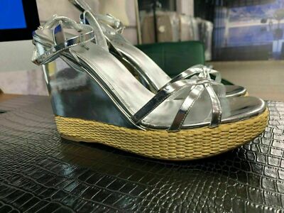 Pre-owned Prada Wedge Paglia Leather Sandals Heels Shoes Mules 40.5 In Silver