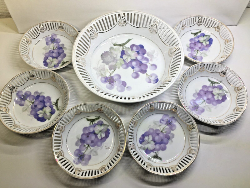 Durchbruchporzellan Anbietschale & 6 SchÃ¤Lchen Trauben Goldrand Vintage Art DÃ©Co