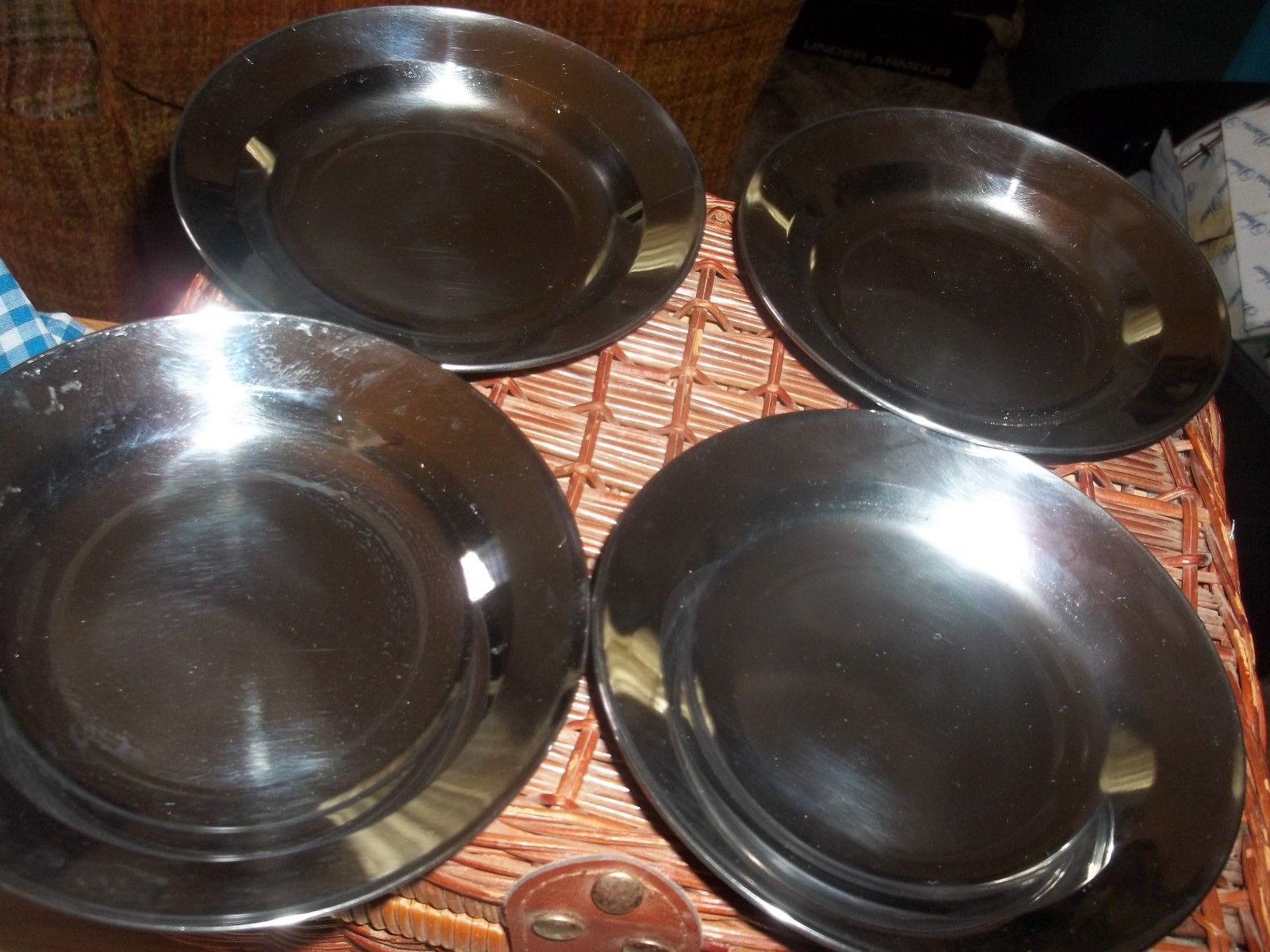 CHILD'S BASKET/ TIN CUPS / PLATES -BLUE WHITE CHECK SILVERWARE,CLOTH,NAPKINS etc