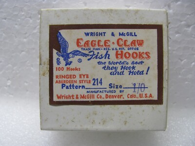 Vintage Box of Wright McGill Eagle Claw 214 Size 1/0 Hooks