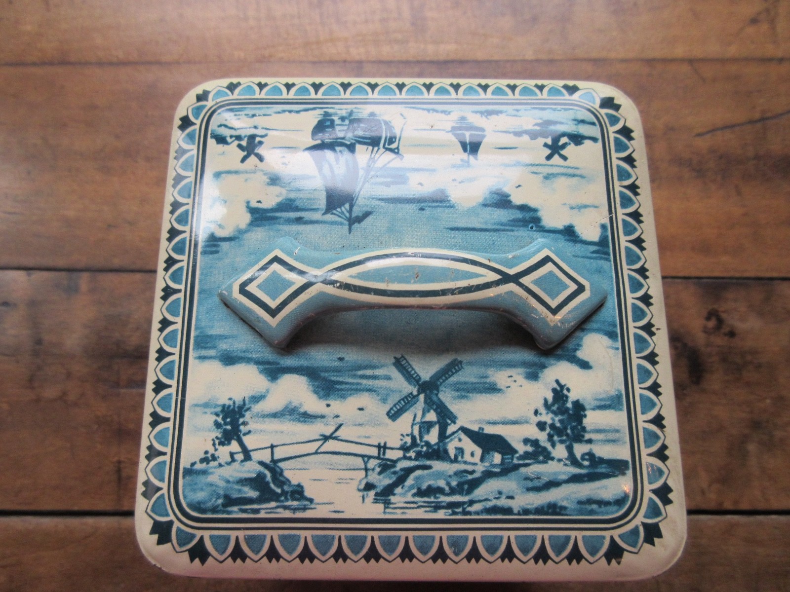 VTG Blue & White Tin Featuring Dutch Windmills & Boats Made in West Germany