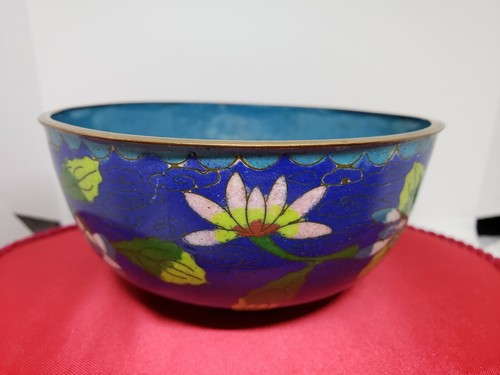 Antique Cloisonne Bowl Blue Floral 4.5 Inches