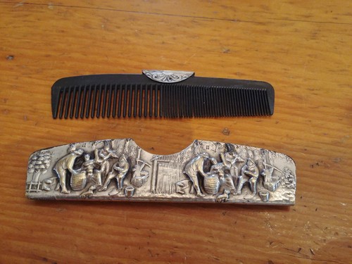Antique VINTAGE Silver Plated marked Denmark Embossed Pattern Hair comb Case