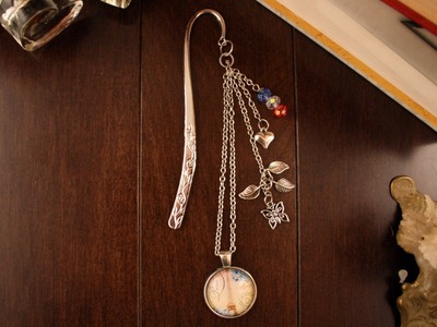 Floral Silver Springtime Paris Bookmark with leaves, butterfly, heart, Swarovski