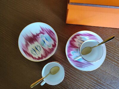 Hermes Voyage en Ikat coffee set cup, saucer and coffee spoons set of 2 person