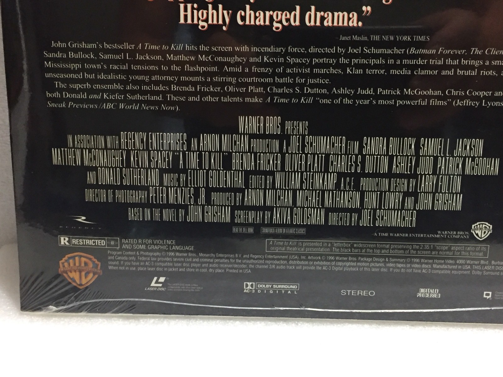 A Time to Kill, Bullock, Spacey, McConaughey, Jackson, WB LaserDisc - NIP