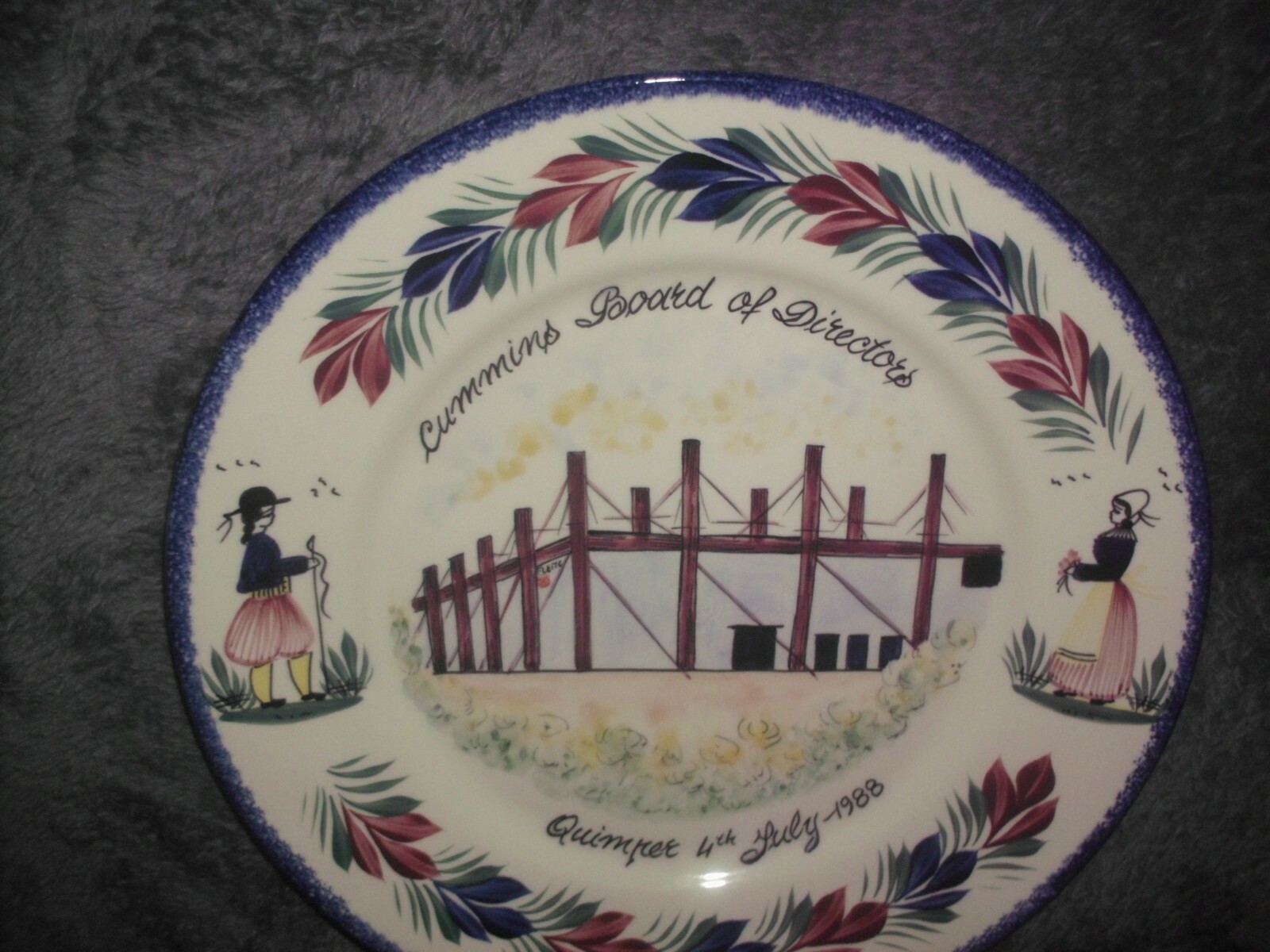 QUIMPER FRANCE COLLECTOR PLATE,MAN WOMAN Cummins Board of Directors July 4 1988