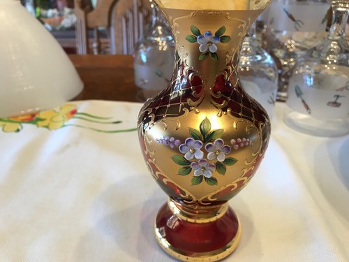 Bohemian Crystal Vase 24K Gold Enamel Gilded Red  Hand Painted 6 Inches Tall