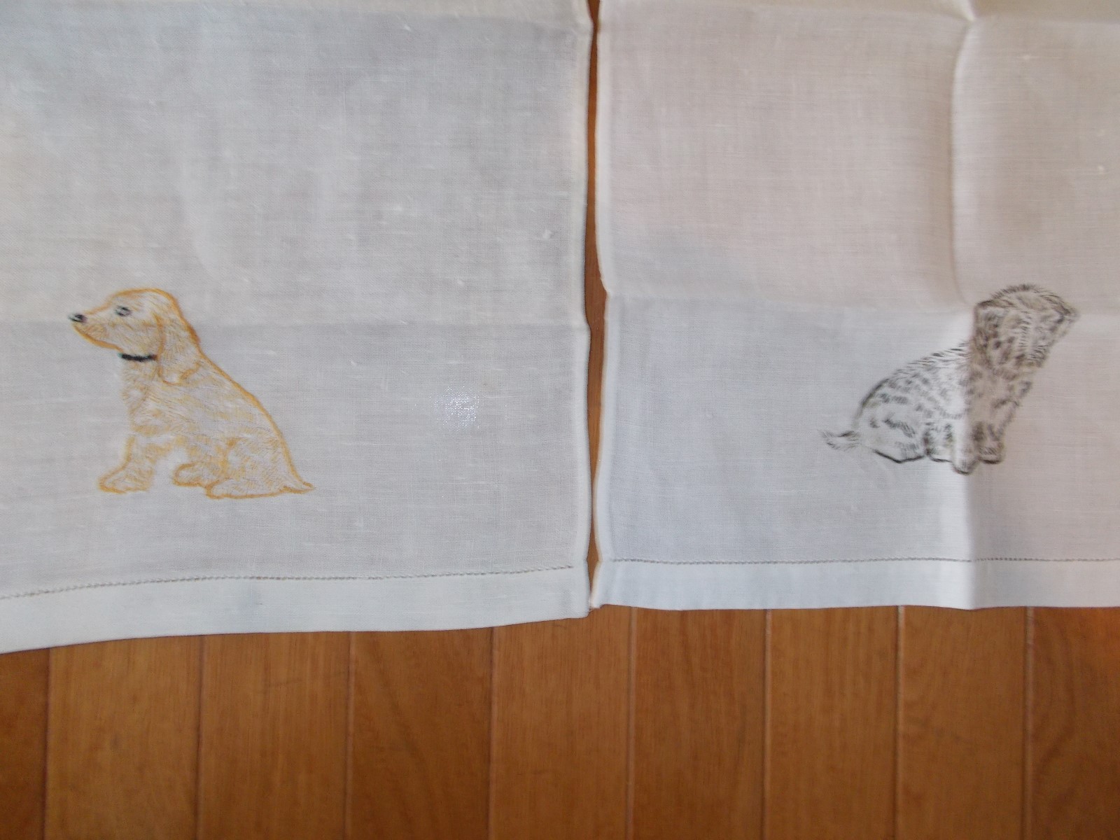 VTG 1940's -3 Linen Hand Towels With Embroidered Dog Designs, Unique