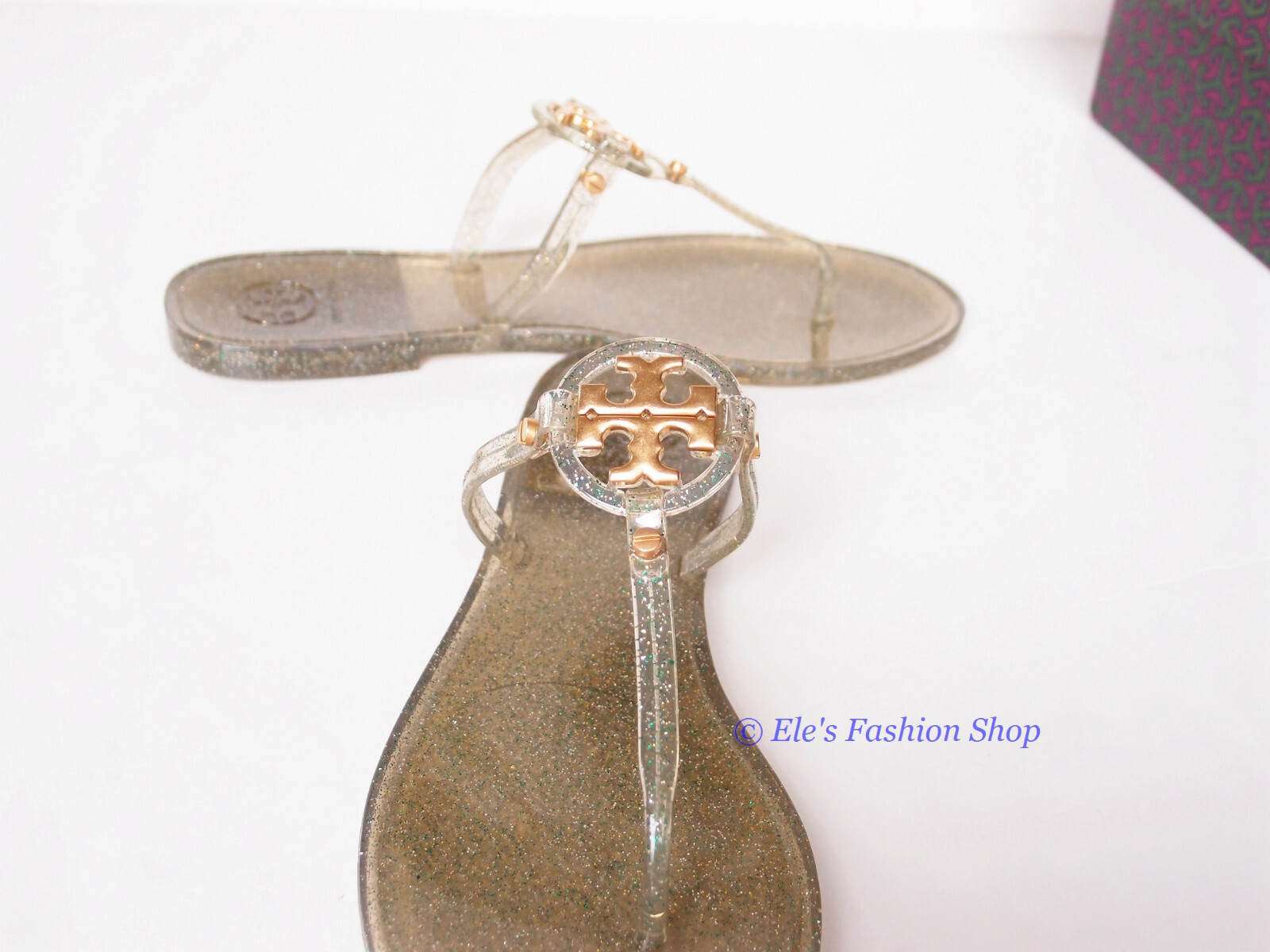 Pre-owned Tory Burch In Box  Mini Miller Jelly Thong Sandals Green Silver Gold Us 7