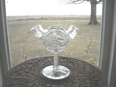 Small Vintage Ruffled Top Clear Glass Compote Swirled Stem