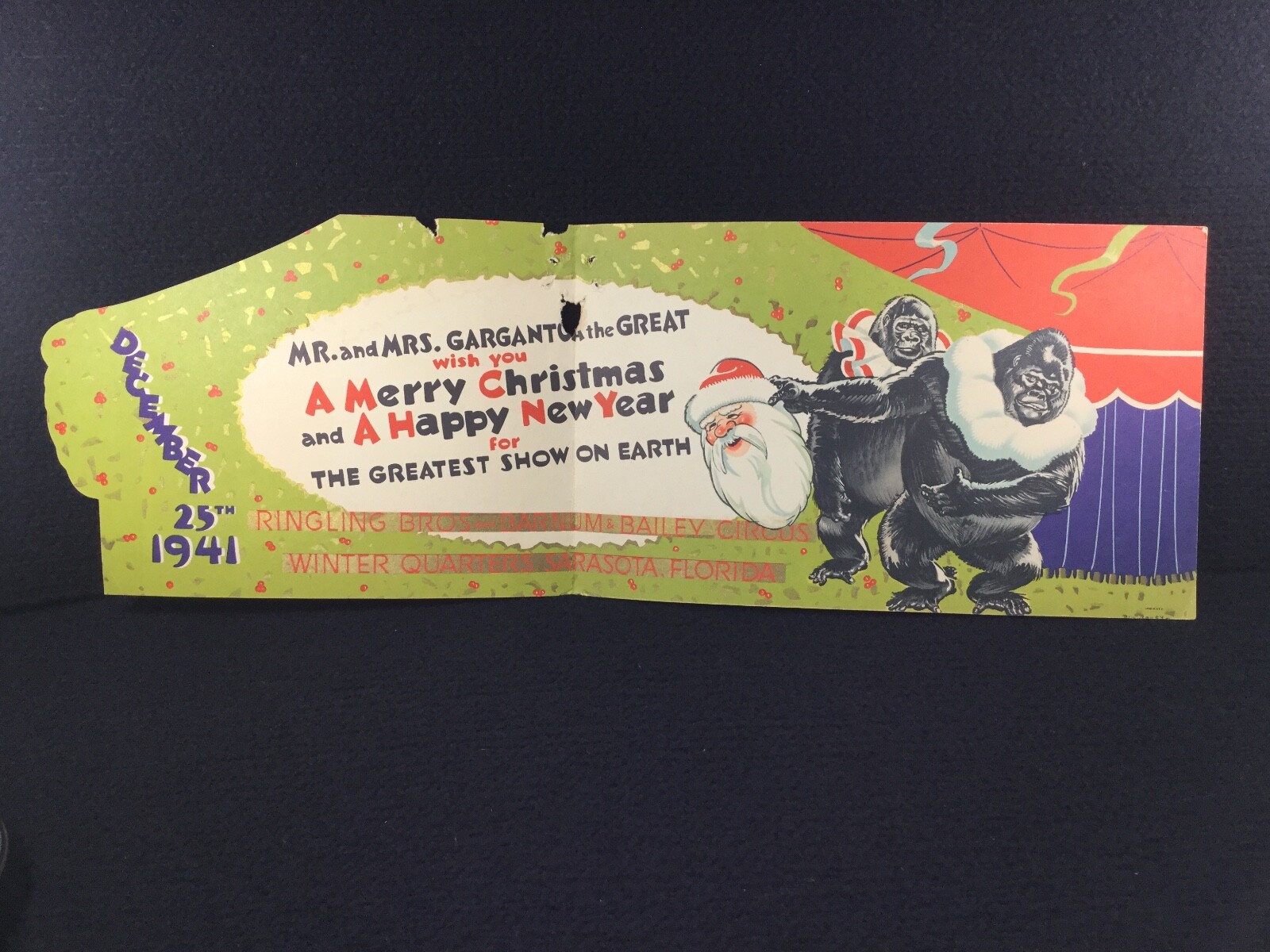 VINTAGE 1941 RINGLING BROS MR & MRS GARGANTUA GORILLA CHRISTMAS CARD BILL BAILEY