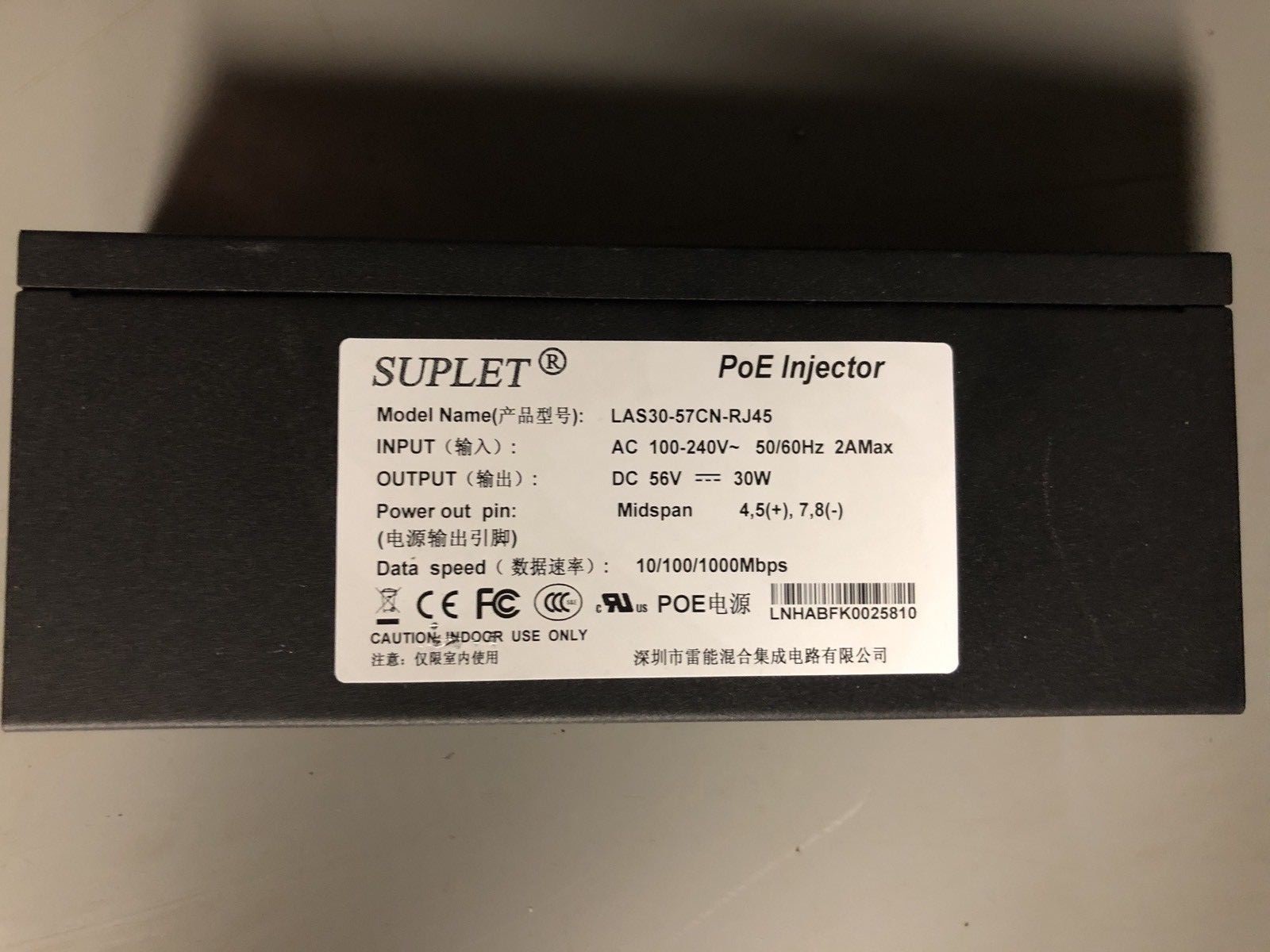 Suplet LAS30-57CN-RJ45 PoE Injector 56V 30w Output 120V Input 10/100/100 Mbps