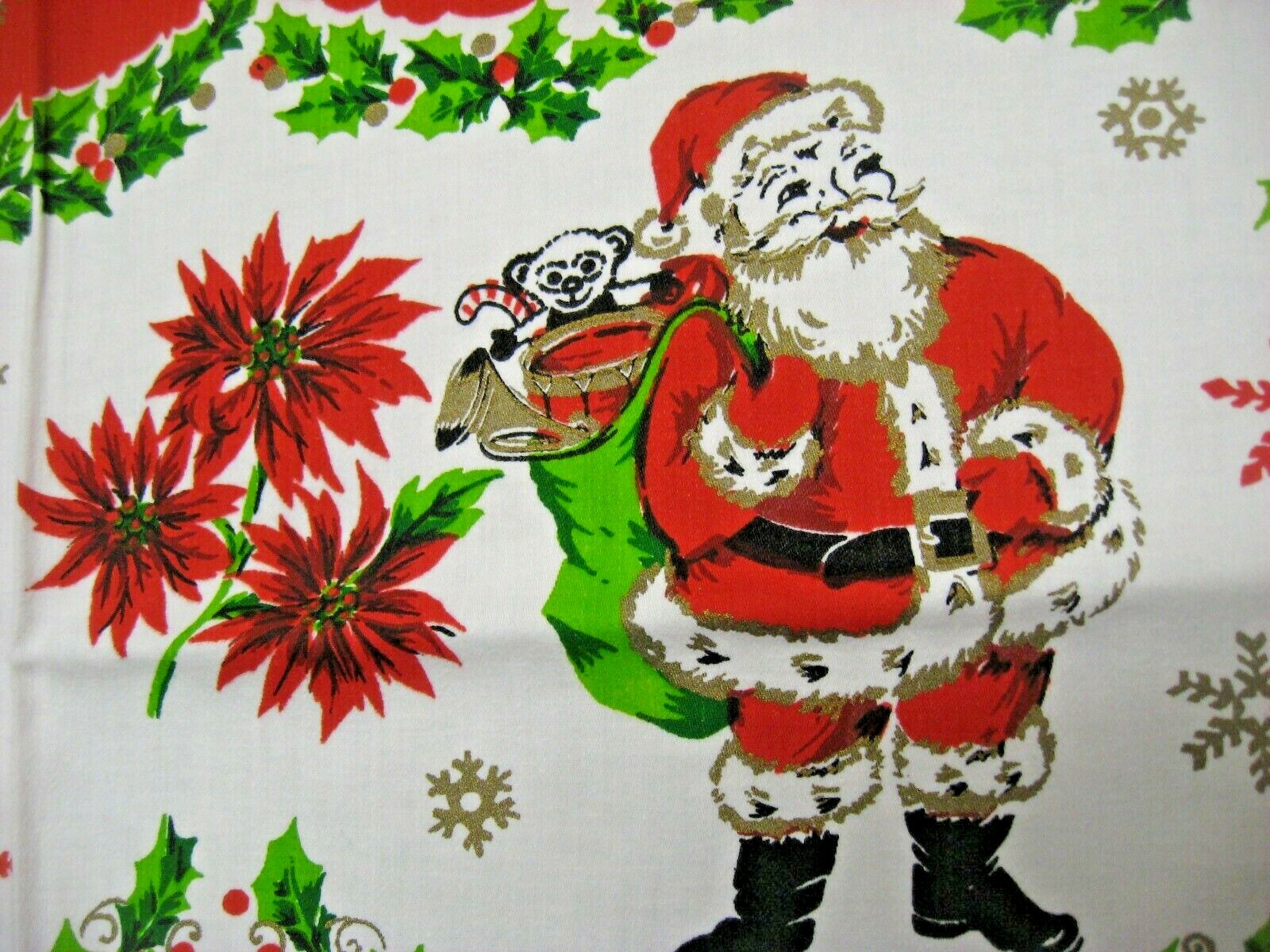 Vintage Printed Christmas tablecloth Oblong Santa BELL candy cane Tablecloth