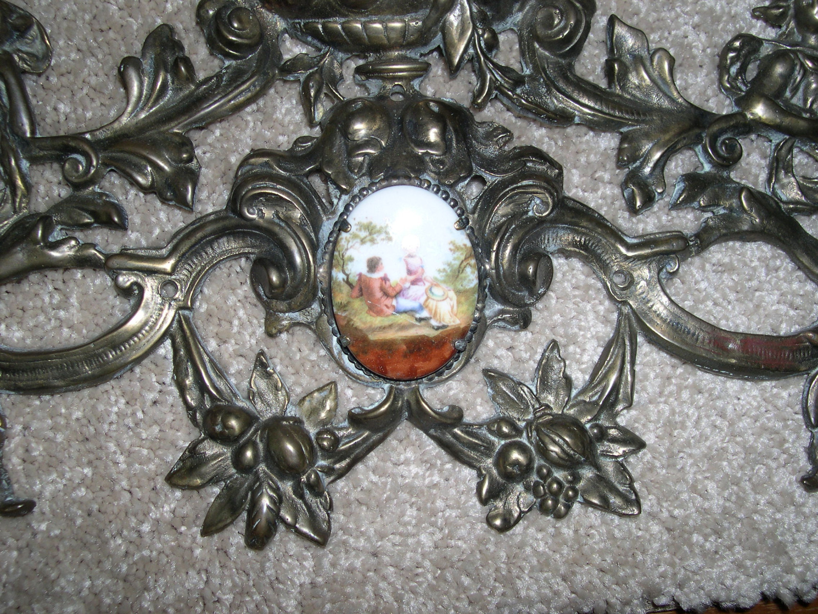 Large Brass Bronze France Ormolu Genie Arabian Dancers Porcelain Medallion