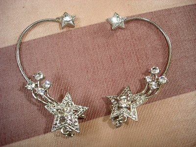 Vintage Around OVER THE EAR Wrap Wire STARS & Dangle Clear Rhinestones EARRINGS