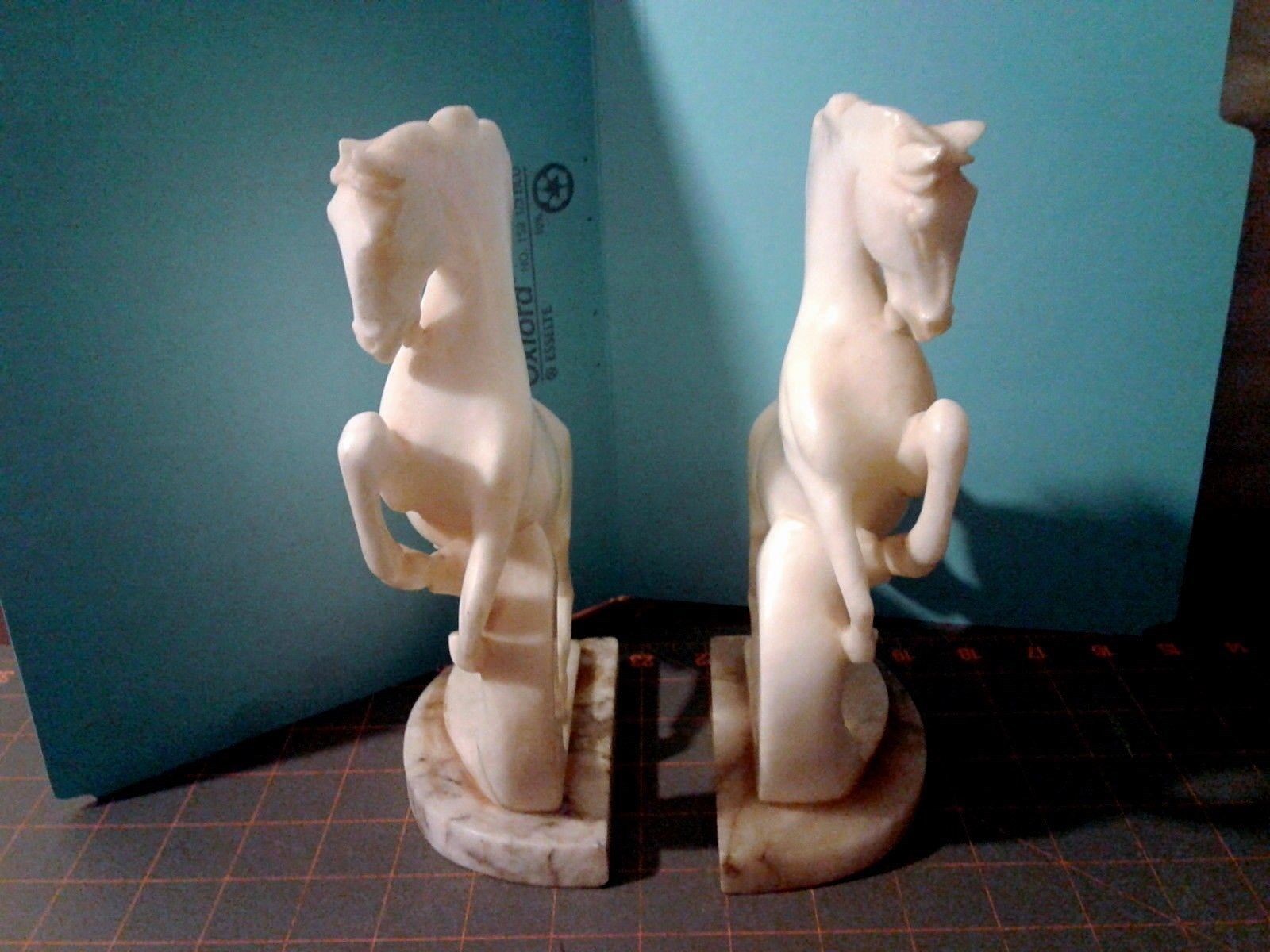 White Rearing Stallions or Horses Book Ends Alabaster and Marble Vintage