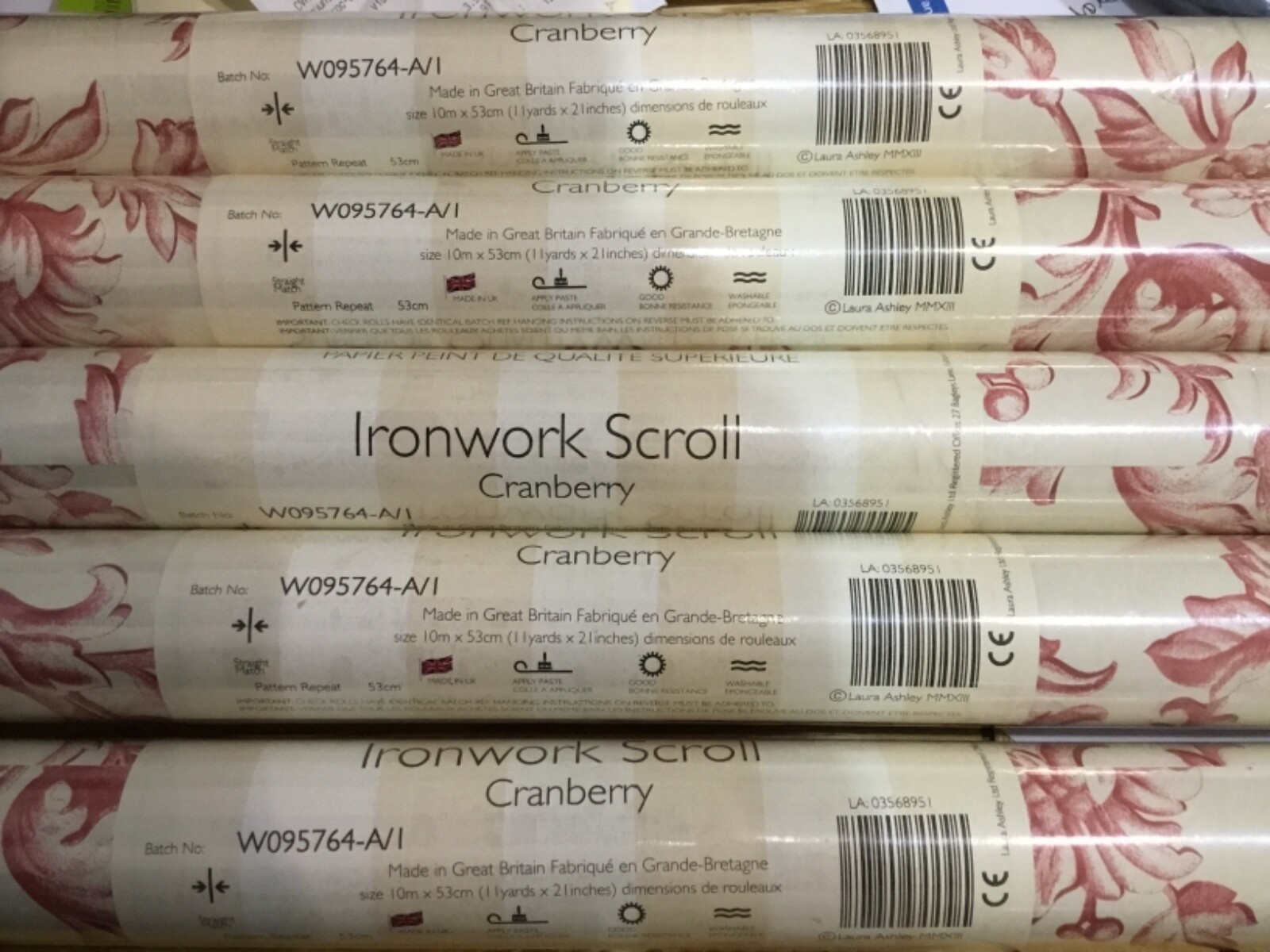 Laura Ashley Ironwork Scroll Cranberry Wallpaper 5 rolls Same Batch