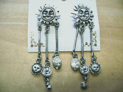 NWT- PEWTER HIPPIE/HOBO DANGLEY SUN WITH FACE, MOON, STARS  PIERCED EARRINGS