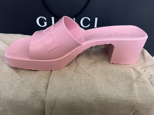 Pre-owned Gucci Women's Block Heel Platform Logo Slide Sandals Pink Rubber Slip On 39