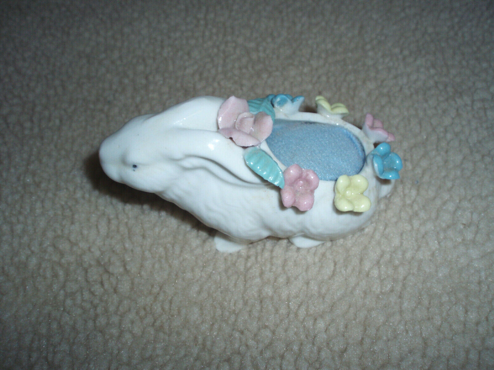 Vintage Porcelain Bunny Rabbit Pin Cushion White w/ Pastel Flowers Japan
