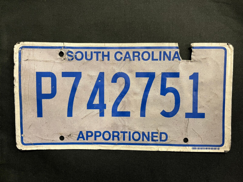 South Carolina License Plate "P742751" ..... APPORTIONED, BLUE LETTERS ON GREY