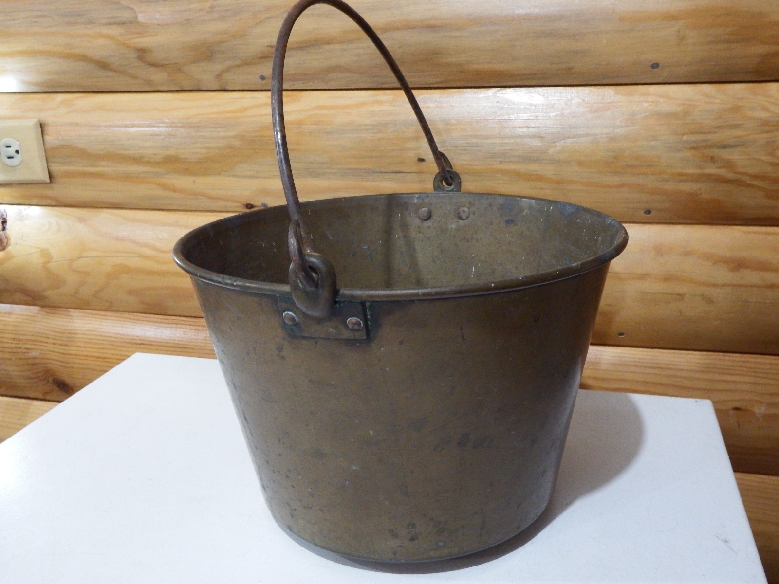 Waterbury 1870 Hand Tooled Brass Pail with Rounded Bottom & Great Handle.