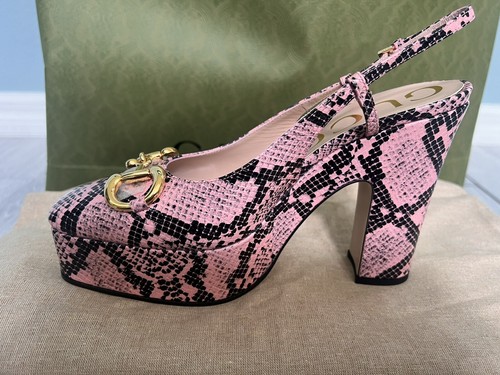 Pre-owned Gucci Shoes Python Print Leather W Horsebit Platform Slingback $1100 38.5 8.5 Us In Multicolor